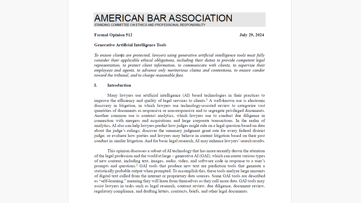 In First Ethics Ruling on Gen AI, ABA Says Lawyers Must Have Reasonable Understanding of the Technology, But Need Not Become Experts