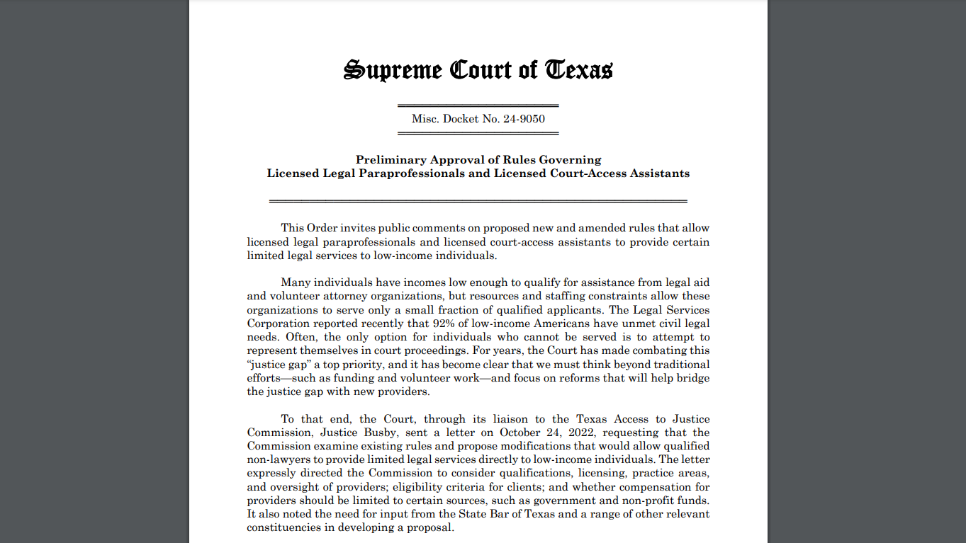 Texas Supreme Court Preliminarily Approves Delivery of Legal Services by Licensed Paraprofessionals and Court-Access Assistants