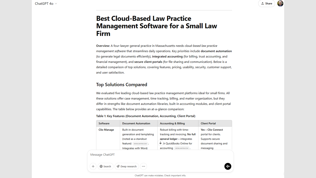 Today&#8217;s Experiment with OpenAI&#8217;s Deep Research: Picking the Best Cloud-Based Law Practice Management Software for a Small Law Firm