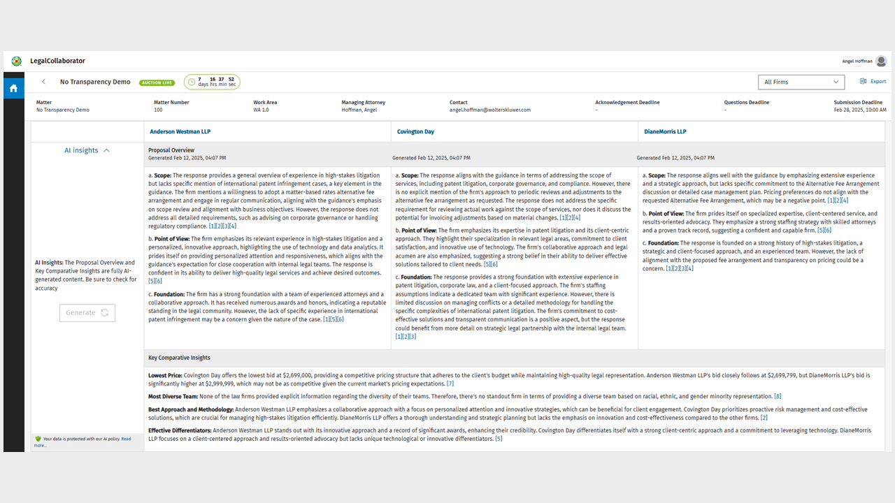 Wolters Kluwer&#8217;s Competitive Bidding Tool LegalCollaborator Gets Gen AI Summarization and Reverse Auctioning